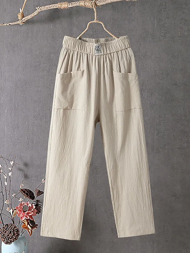 Women's Slacks Baggy Cropped Pants Linen Plain Pocket Baggy Ankle-Length Micro-elastic Mid Waist Streetwear Casual Vacation Casual Daily Black White S M Summer Spring