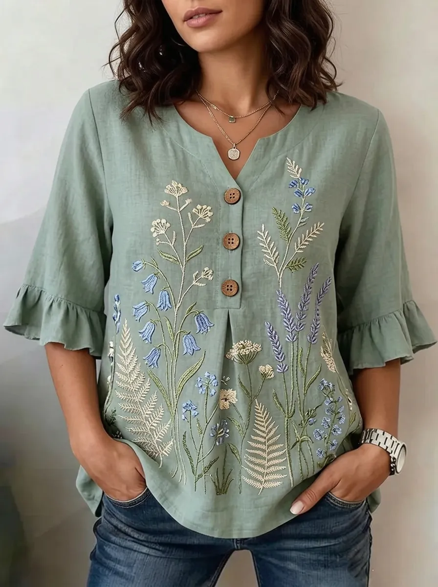 Women's Nashville Botanical Wildflower Embroidered V-neck Top