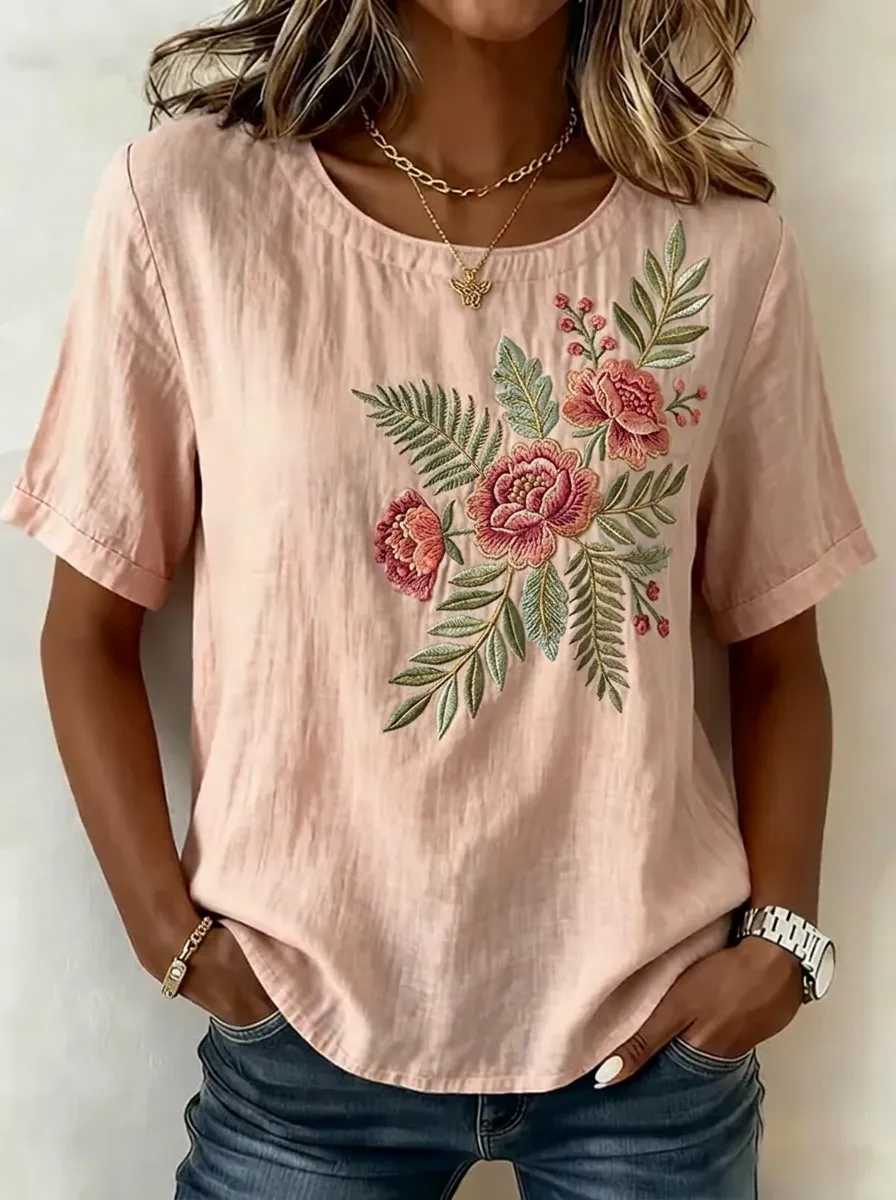 Women's Nashville Floral Botanical Embroidered Printed T-shirt
