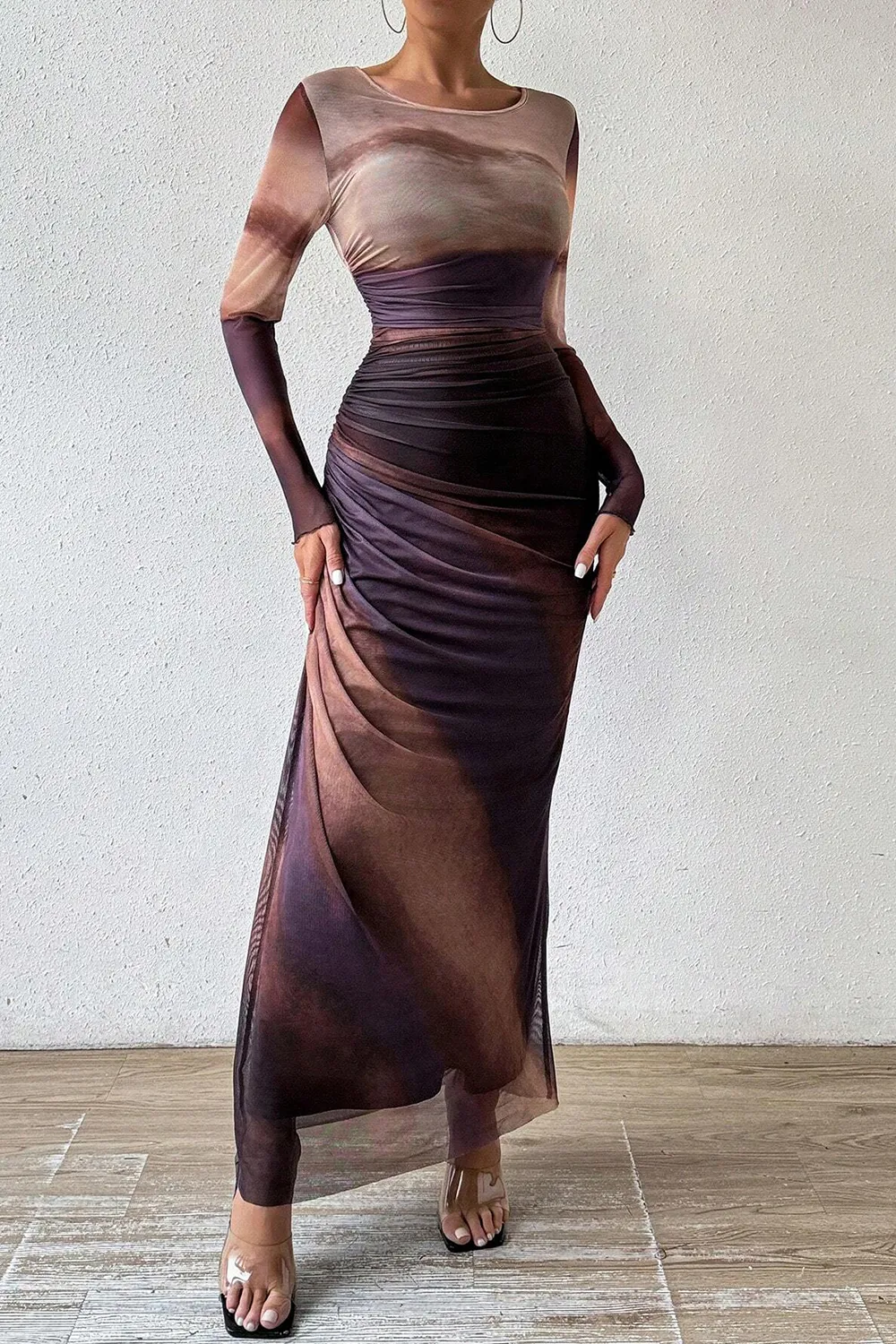 Women's Tie Dye Long Sleeve Pleated Dress