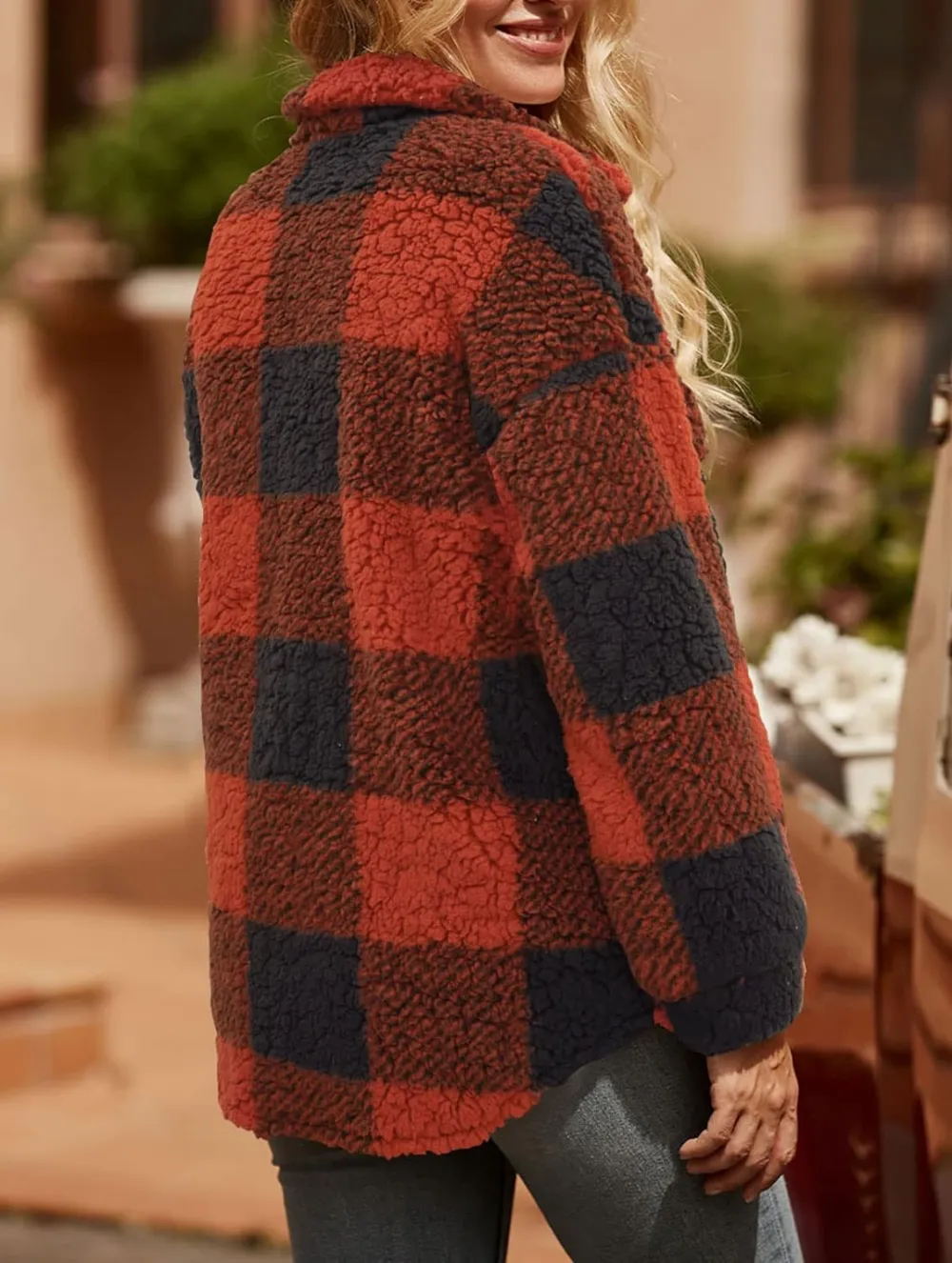 Women's Fleece Plaid Jacket Coats Button Down Lapel Sherpa Shacket Outwear with Pockets