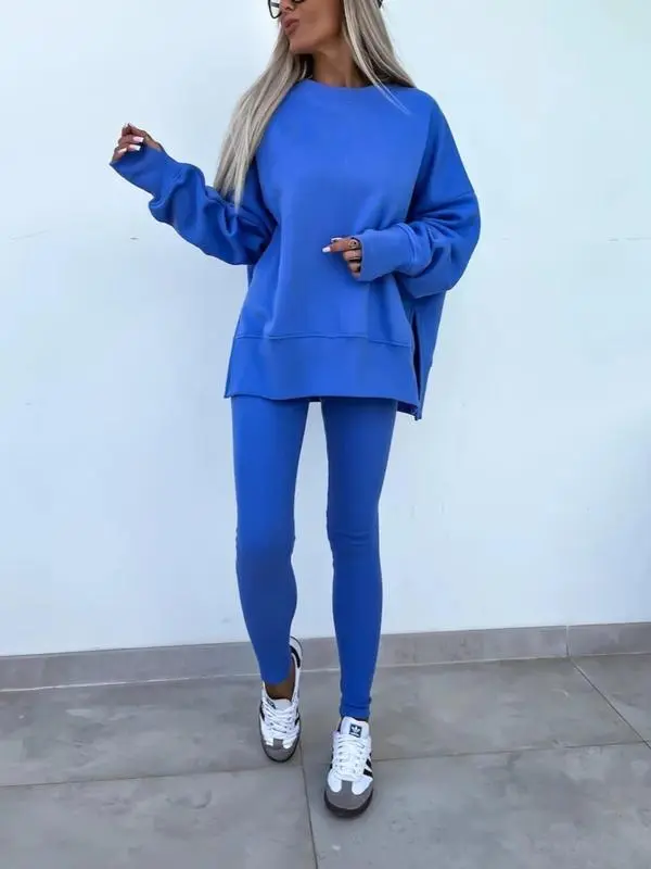 Women's Solid Drop Shoulder Split Hem Sweatshirt & Pants Two-piece Set, Casual Fashion Cozy Breathable Outfits for Daily Outdoor Wear, Ladies Sportswear for All Seasons