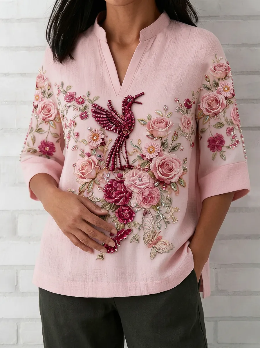 Women's Nashville Bird Floral Embroidered Printed Top