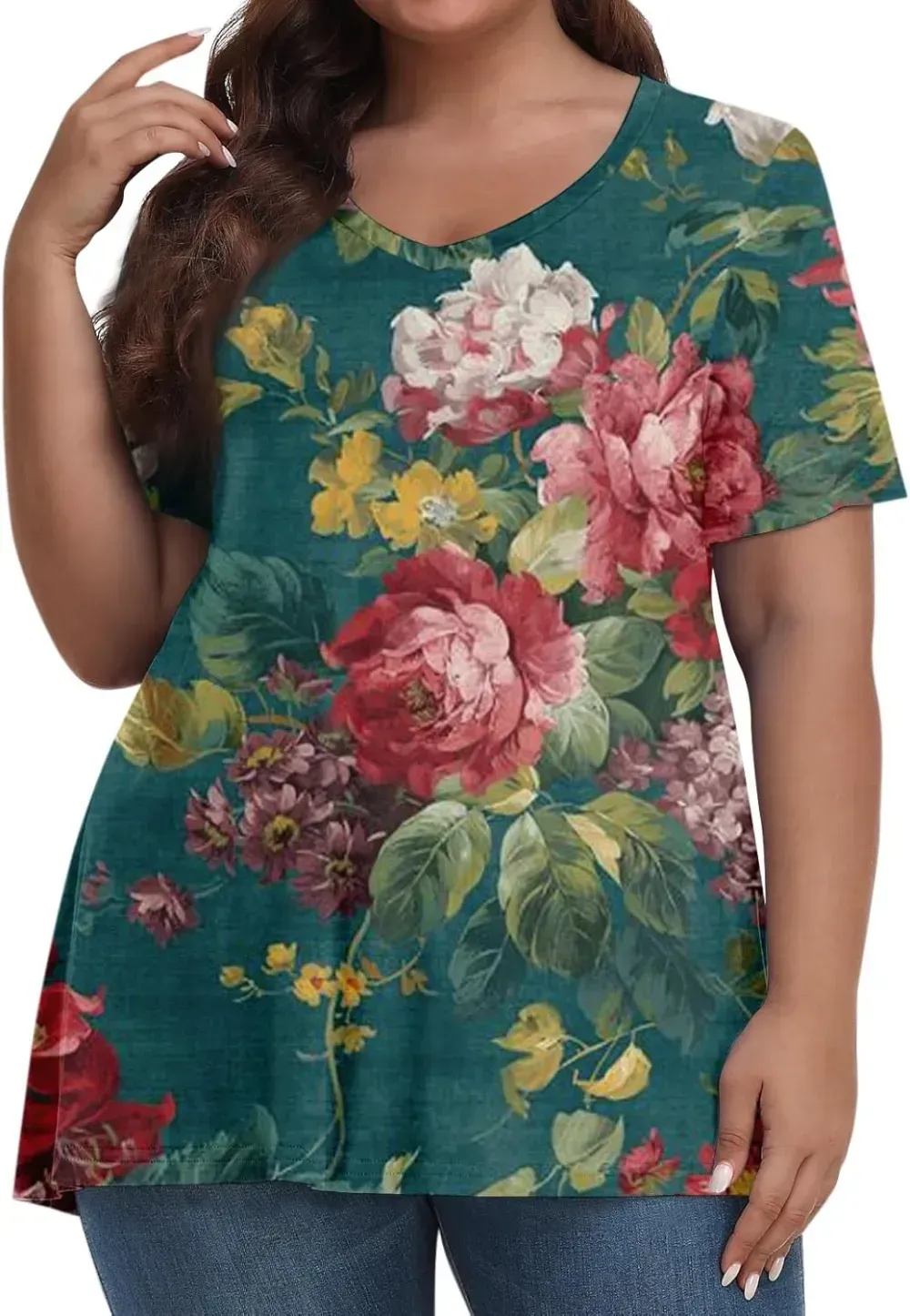 Plus Size Tops for Women Dressy Short Sleeve V Neck Shirts for Women Summer Tops for Women 2024 Floral Print Top