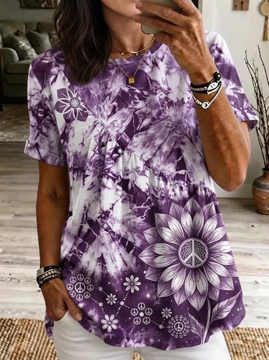 Women's Nashville Sunflower Peace Sign Tie-Dye Printed T-shirt
