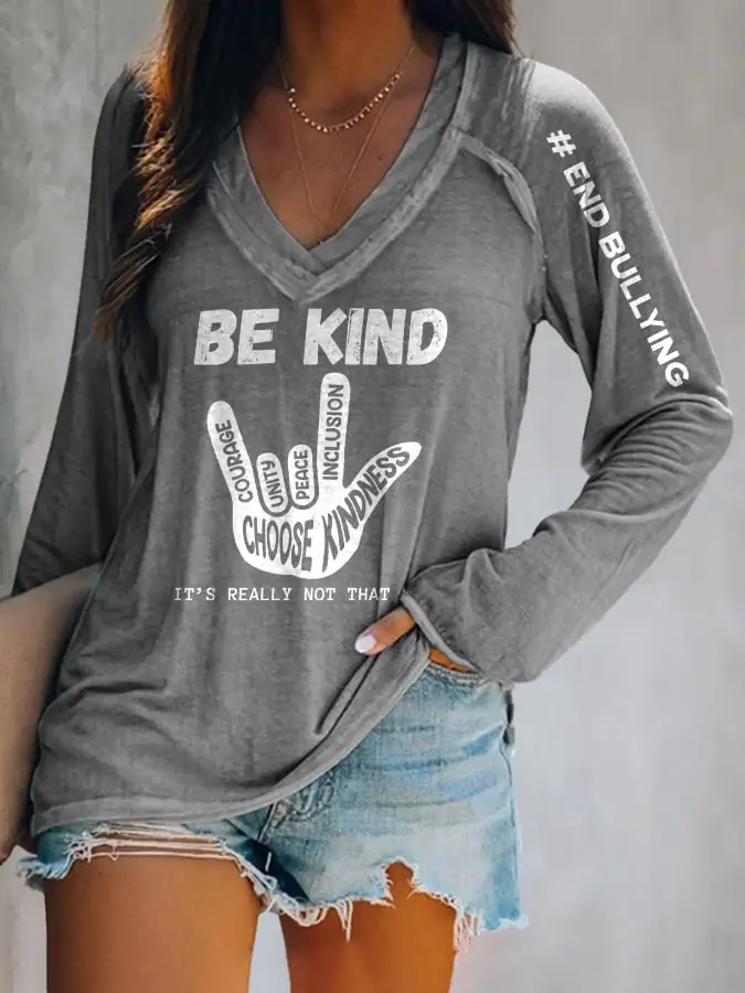 V-Neck Retro Pink Shirt Day Anti-Bullying Be Kind It's Really Not That Hard Love Hand Sign End Bullying Print T-Shirt