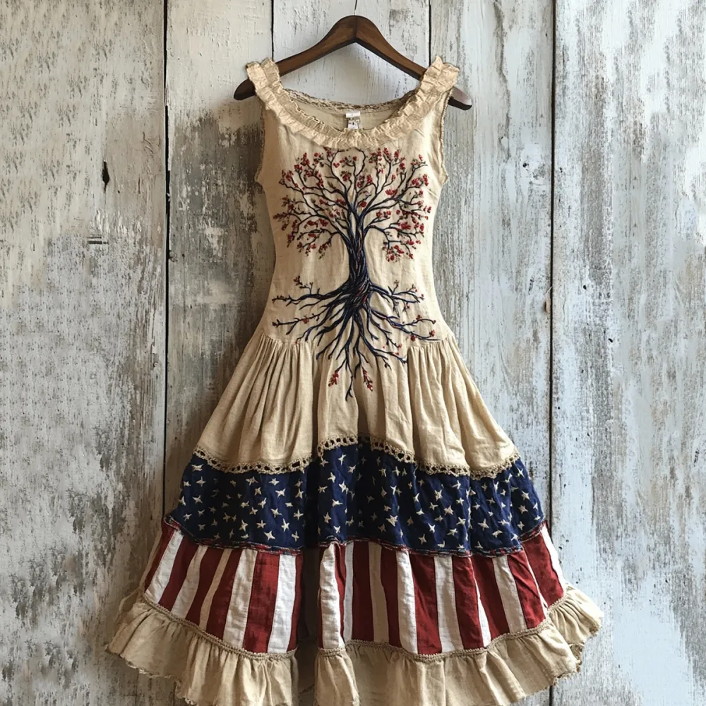 Women's Vintage Independence Day Flag Life Of Tree Art Linen Maxi Dress