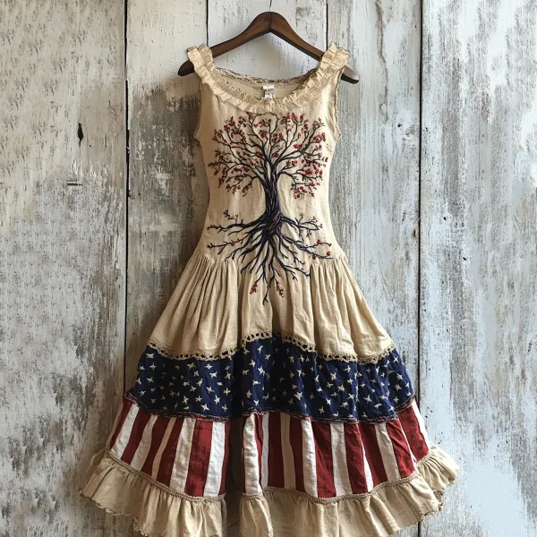 Women's Vintage Independence Day Flag Life Of Tree Art Linen Maxi Dress