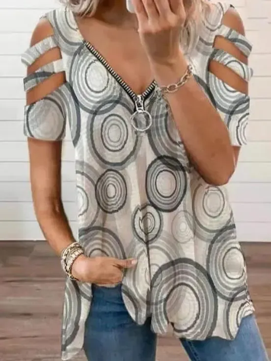 Women Short Sleeve V-neck Floral Printed Geometric Top