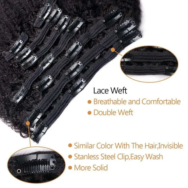 Kinky Straight Clip In Hair Extensions For Black Women Remy Human Hair 8 Pieces With 18 Clips
