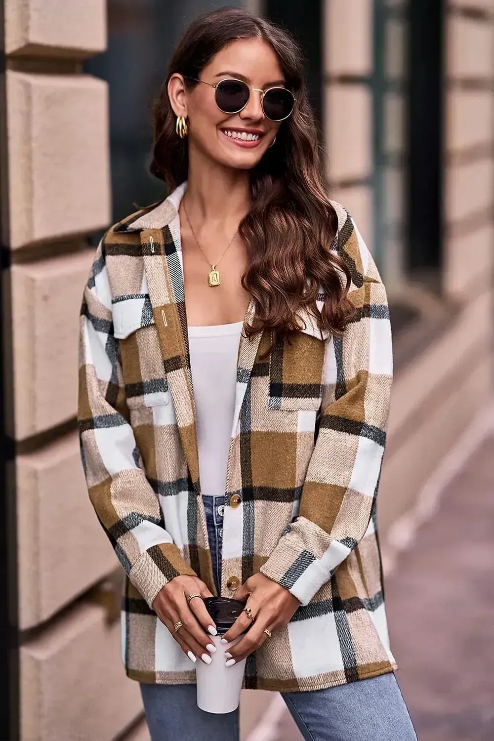 Women's 2023 Fall Clothes Plaid Shacket Jacket Long Sleeve Button Down Flannel Shirts Fashion Blouse