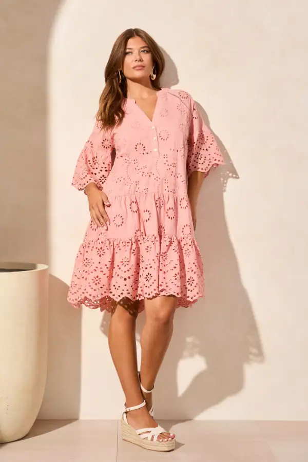 Cotton Eyelet Ruffle Short Sleeve Tiered Dress-Shellpink