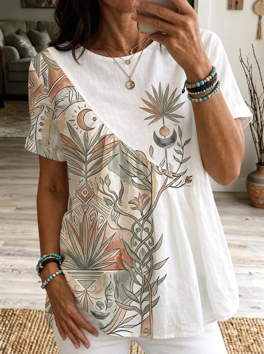 Women's Nashville Boho Sun Moon Botanical Printed T-shirt