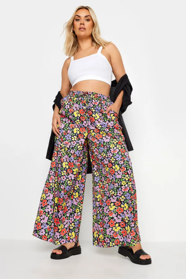 YOURS Curve Blue Abstract Print Drawstring Wide Leg Trousers