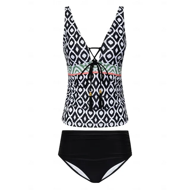 Slim Folk Print Tankini Swimsuit Set