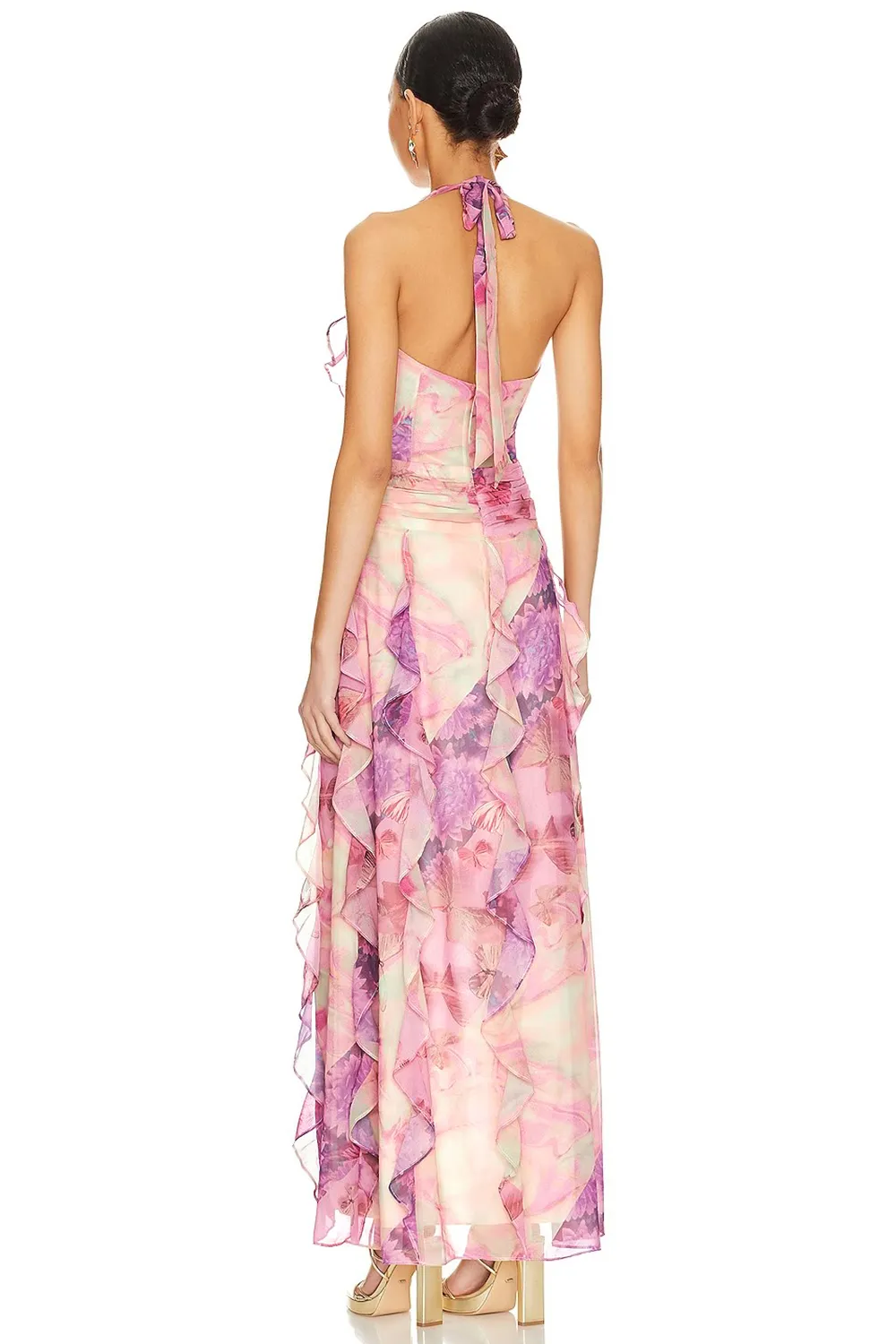halter neck ruffle dress- Patchwork Multi