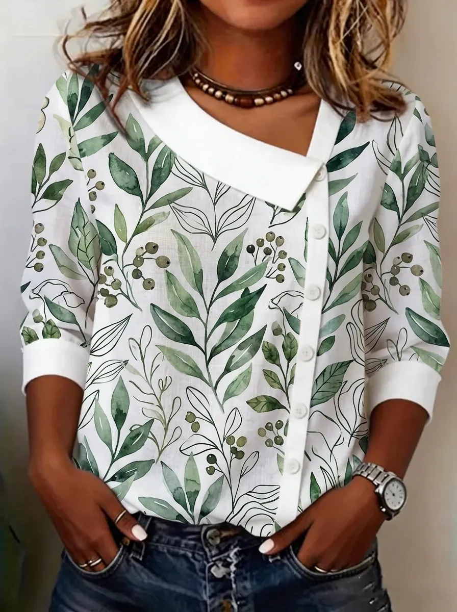 Women's Nashville Botanical Leaf Printed Asymmetric Button Top
