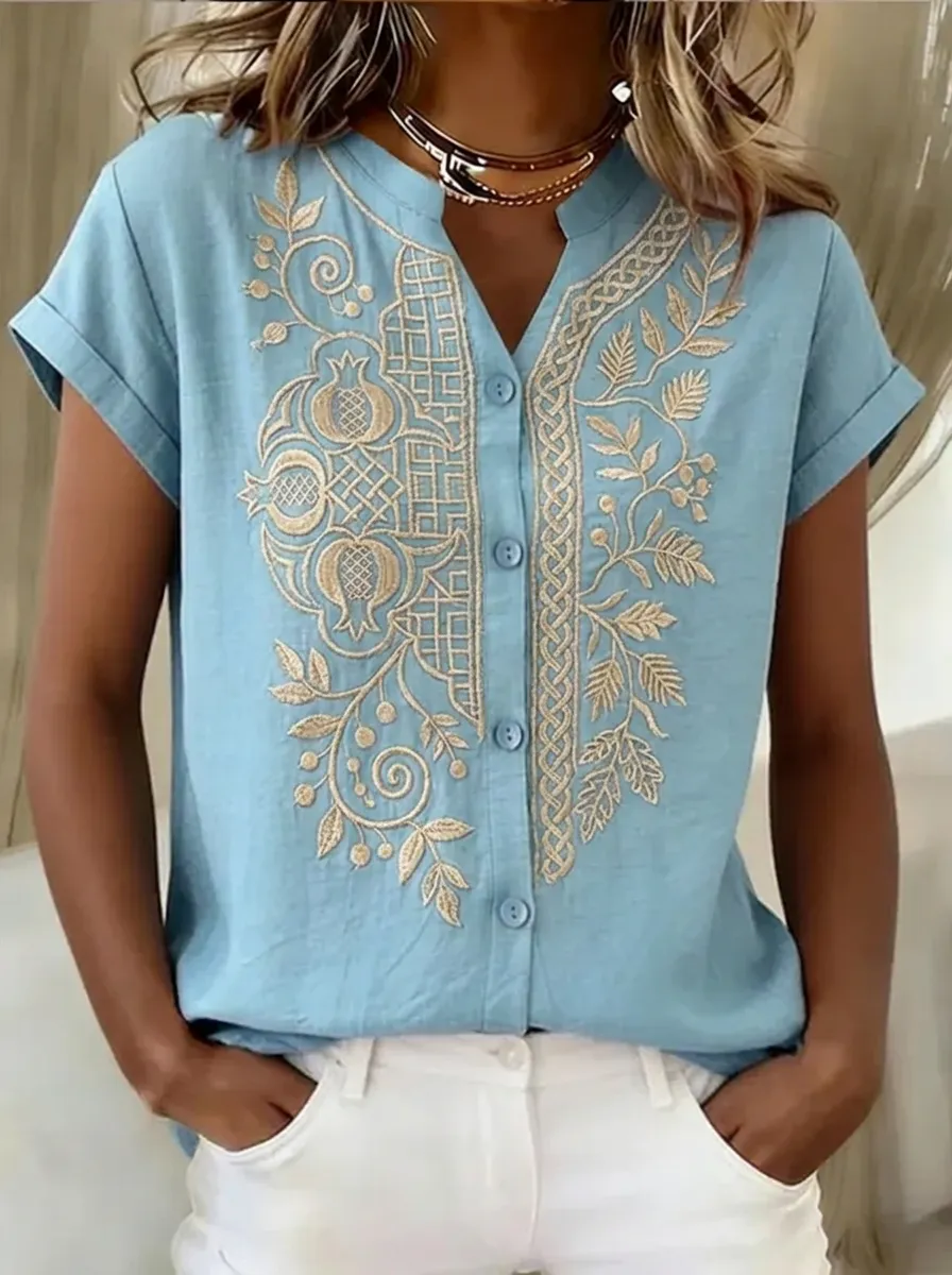 Women's Nashville Floral Embroidery Printed Button-down Top