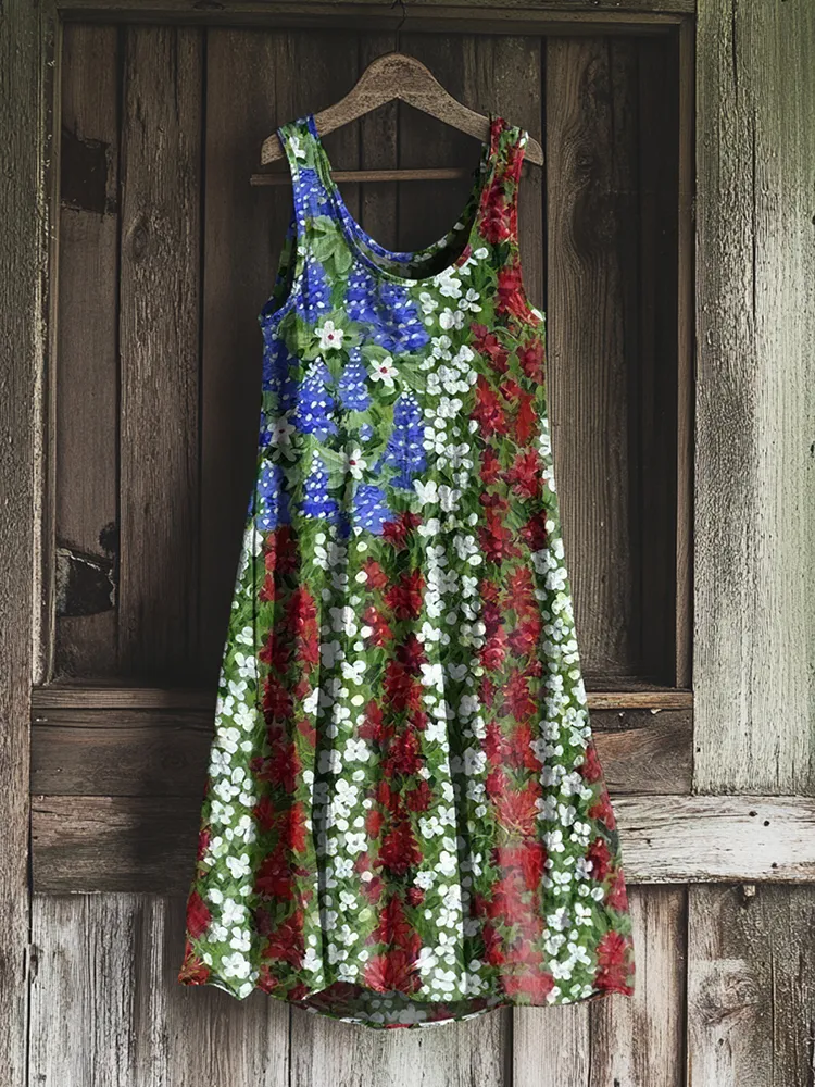 Women's American Independence Day Flag Print Sleeveless Dress