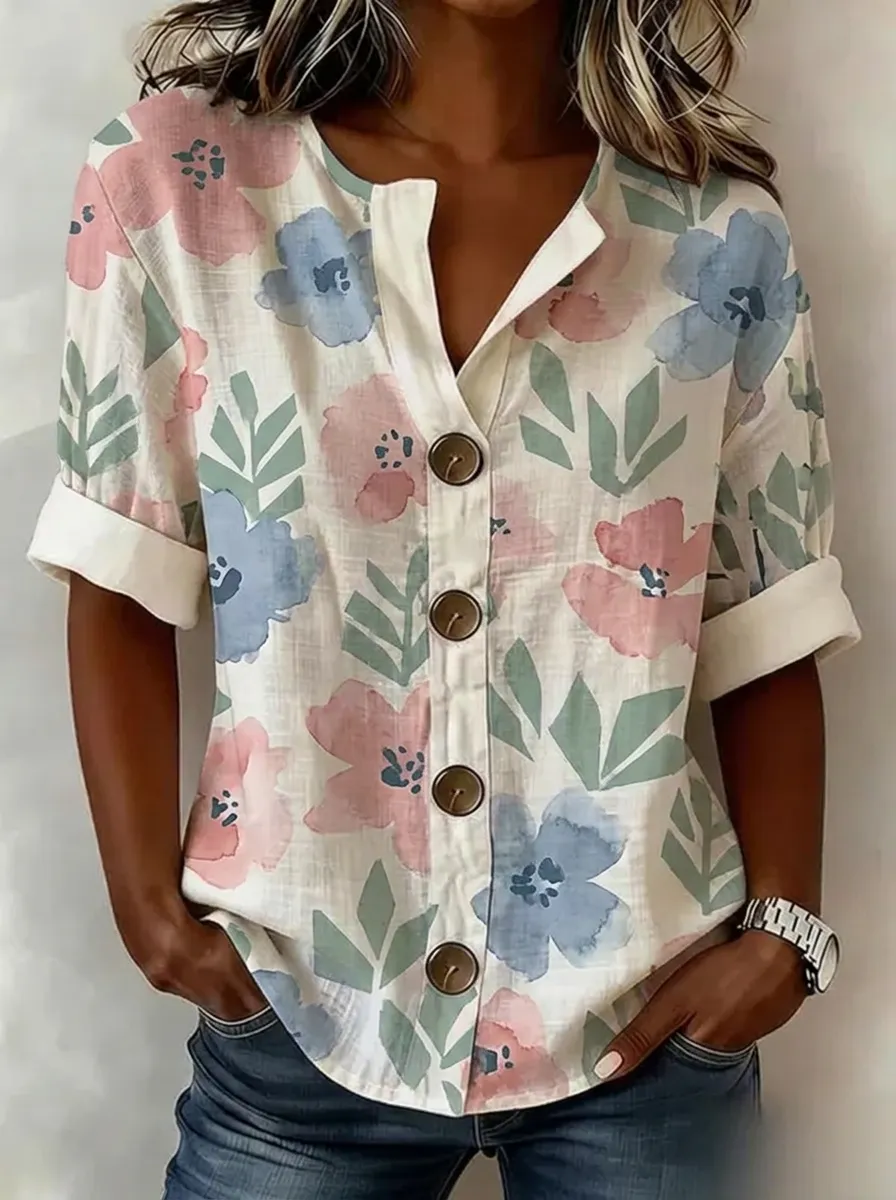 Women's Nashville Floral Watercolor Printed Button-Up Shirt