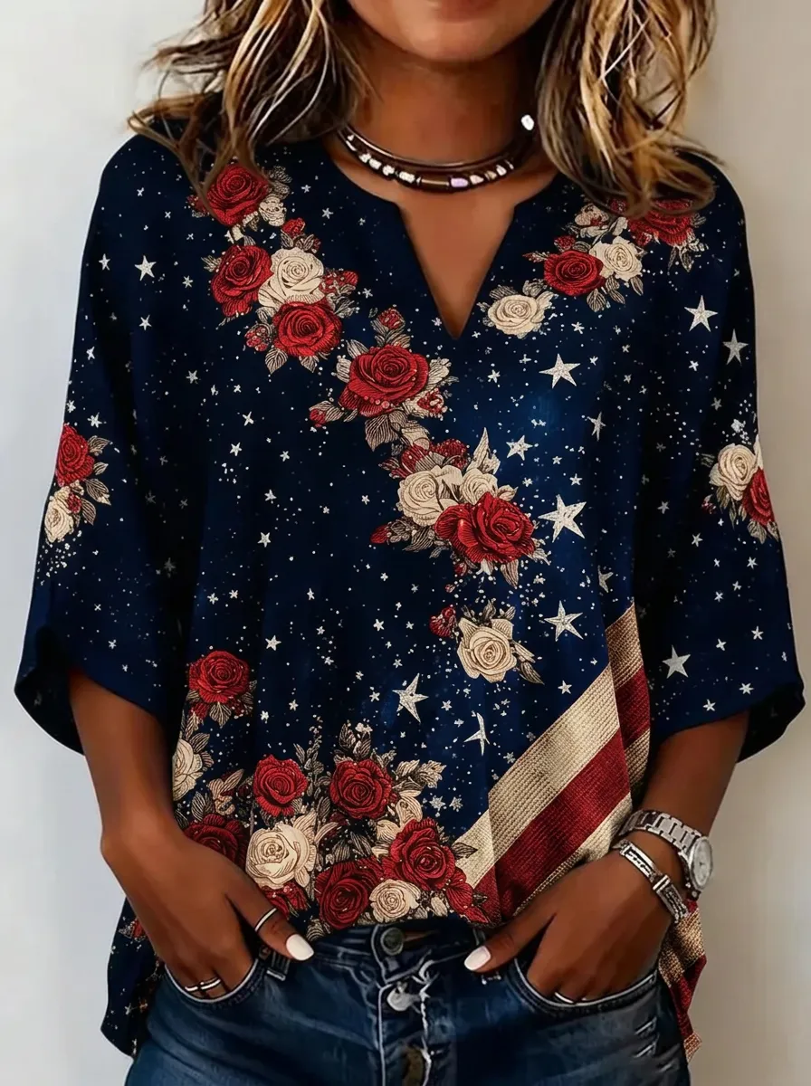 Women's Nashville Patriotic Rose Star Printed V-neck Top
