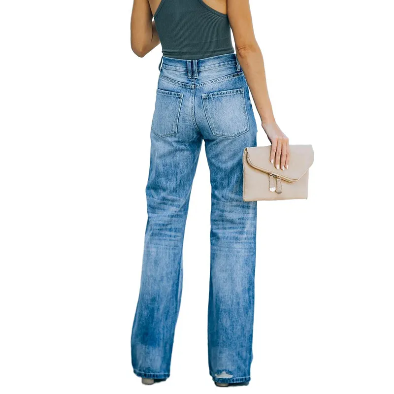 2021 Autumn Casual Wide-leg Pants Mid-waist Women's Wash Water Ripped Denim Trousers