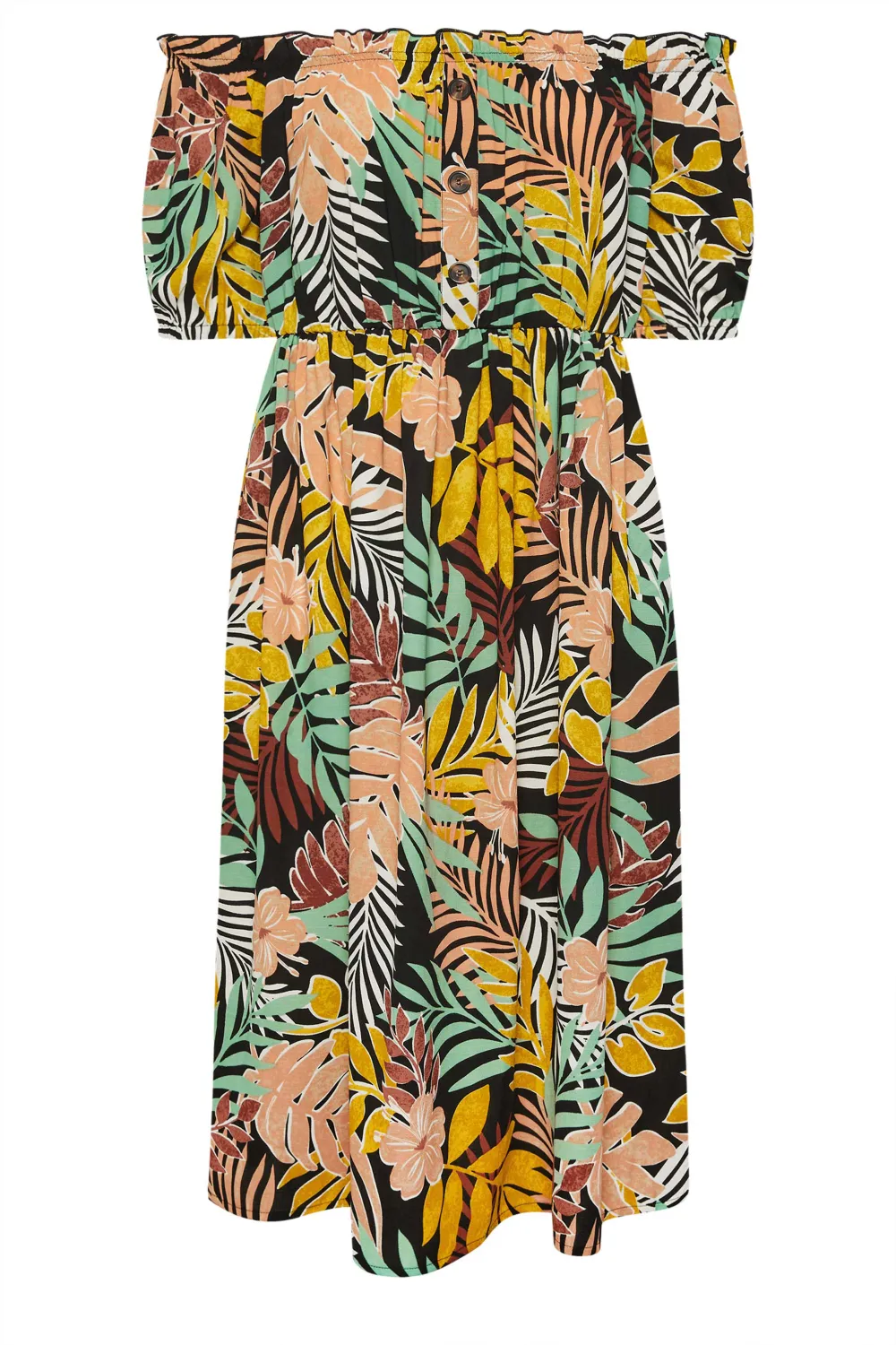 YOURS Curve Black Tropical Print Bardot Midaxi Dress