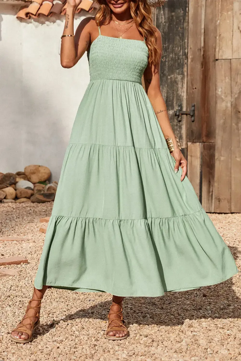 Sleeveless Spaghetti Strap Smocked Tiered Maxi Dress