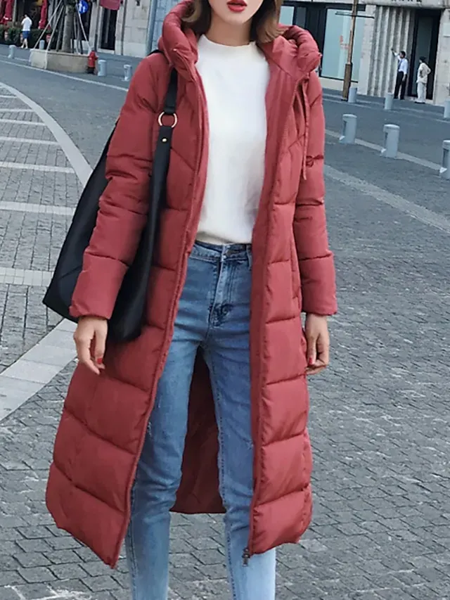 Women's Puffer Jacket Parka Outdoor Street Daily Winter Fall Long Coat Regular Fit Warm Breathable Jacket Long Sleeve Solid Color Green Black Dark Green / Going out