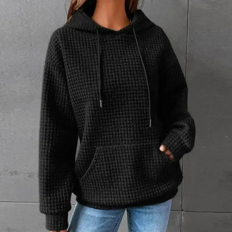 New Waffle Round Neck Long Sleeve Sweatshirt Solid Color Tops for Women