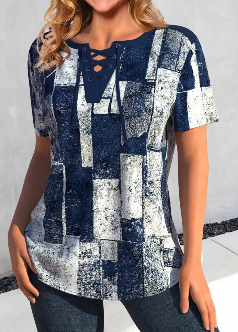 Navy Lace Up Geometric Print Short Sleeve Blouse