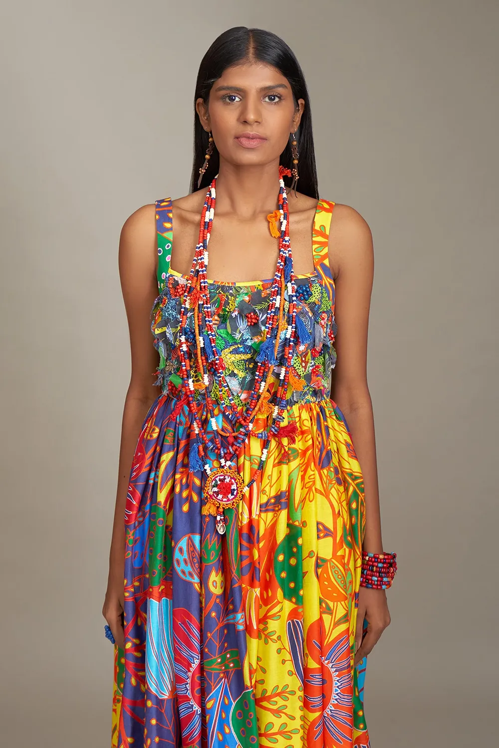 Multicolor cotton silk print floral square neck dress