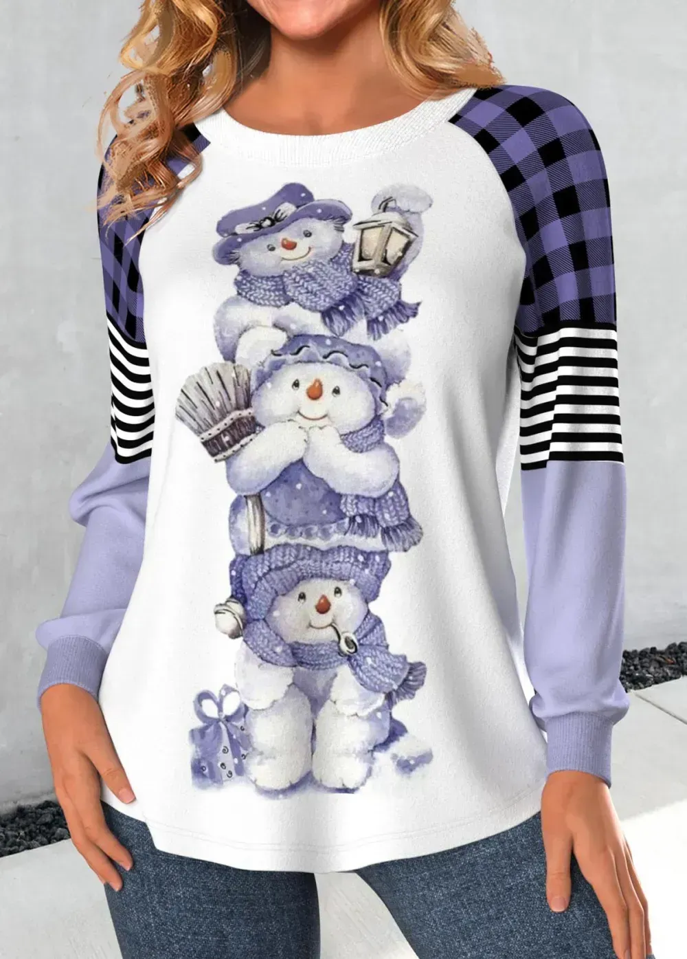 Light Purple Patchwork Snowman Print Long Sleeve T Shirt