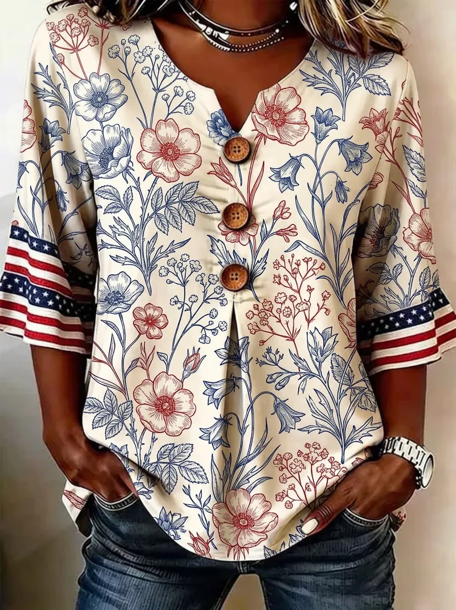 Women's Nashville Patriotic Floral Printed V-neck Button Top