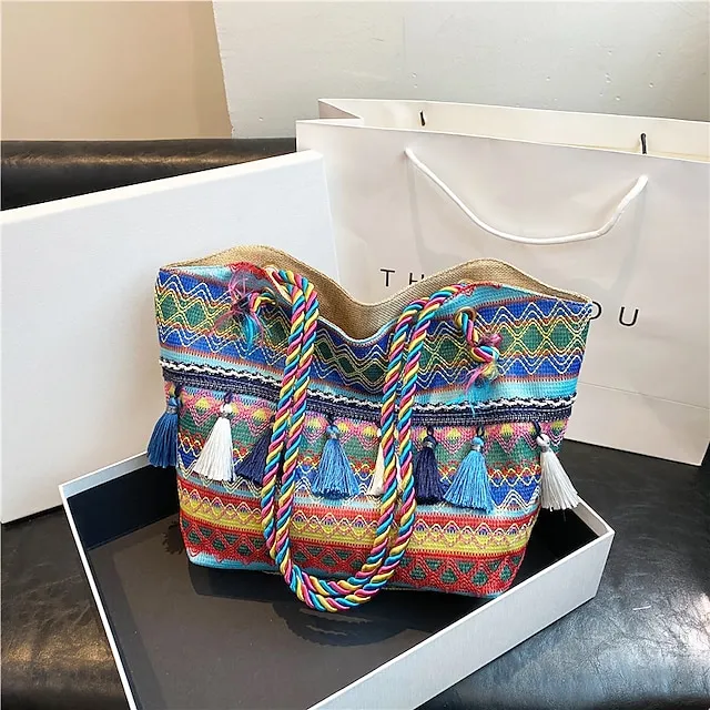 Women's Tote Shoulder Bag Hobo Bag Straw Bag Polyester Holiday Beach Tassel Zipper Large Capacity Breathable Lightweight Color Block Patchwork Folk Red Blue Orange