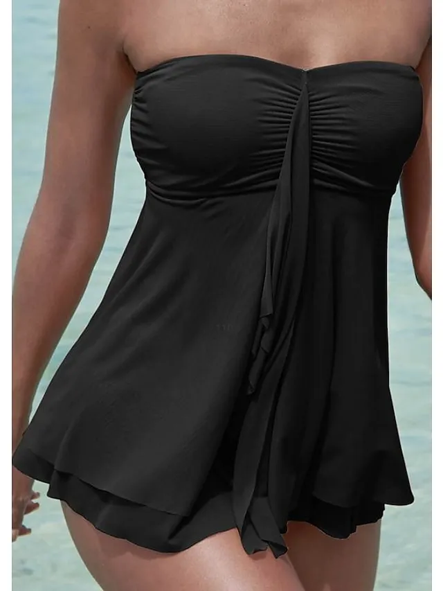 Women's Swimwear Tankini 2 Piece Normal Swimsuit 2 Piece Modest Swimwear Bandeau Strapless Solid Color Black Pink Royal Blue Green Khaki Padded Strap Bathing Suits Sports Vacation Beach Wear