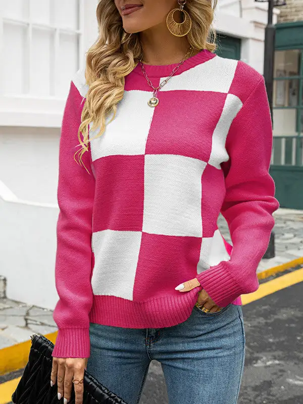 Crew Neck Knitted Plaid Sweater