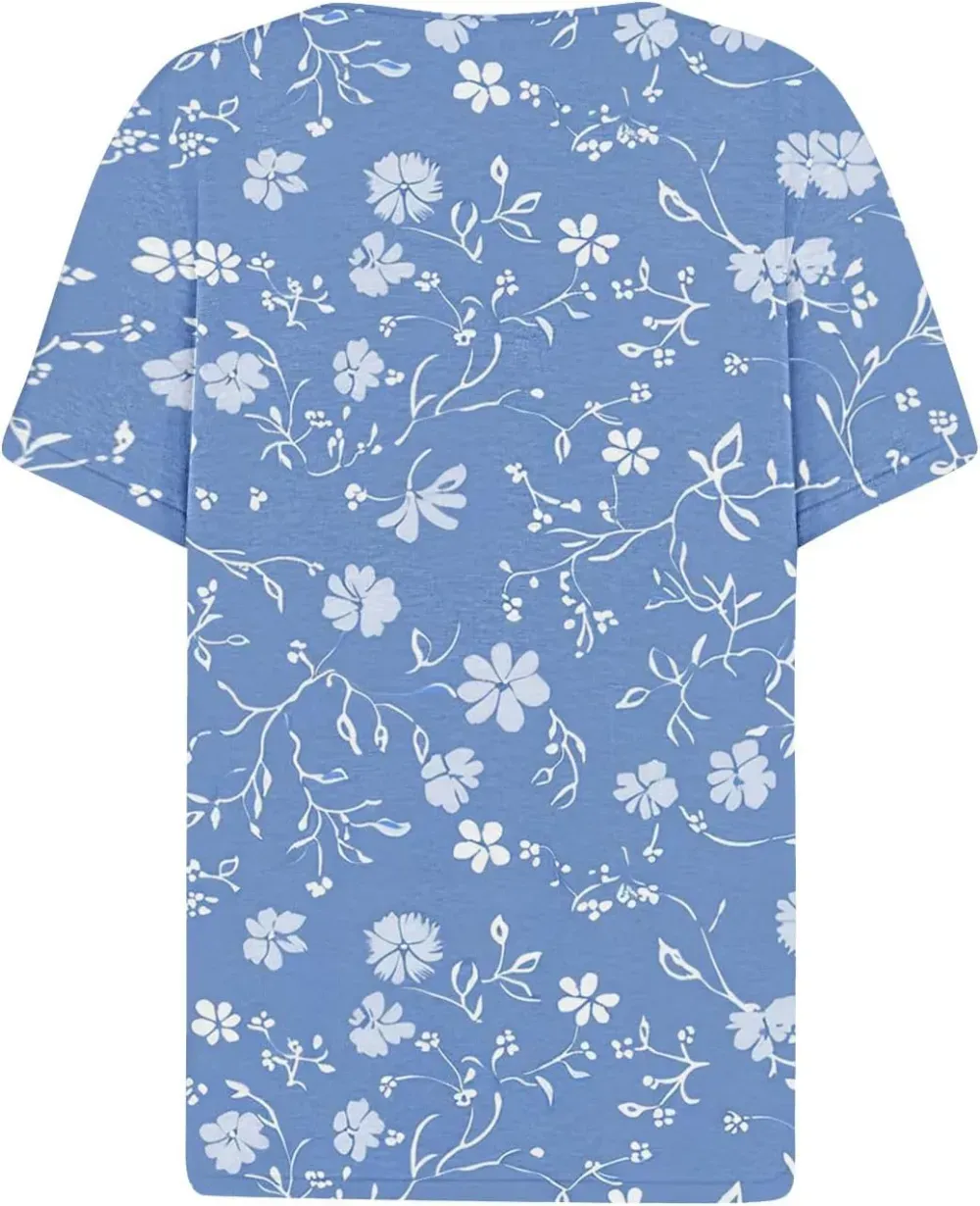 Shirts for Women Casual Printed Summer Tops Short-Sleeved Button V-Neck Tops Blouse Fashion Boho T-Shirts