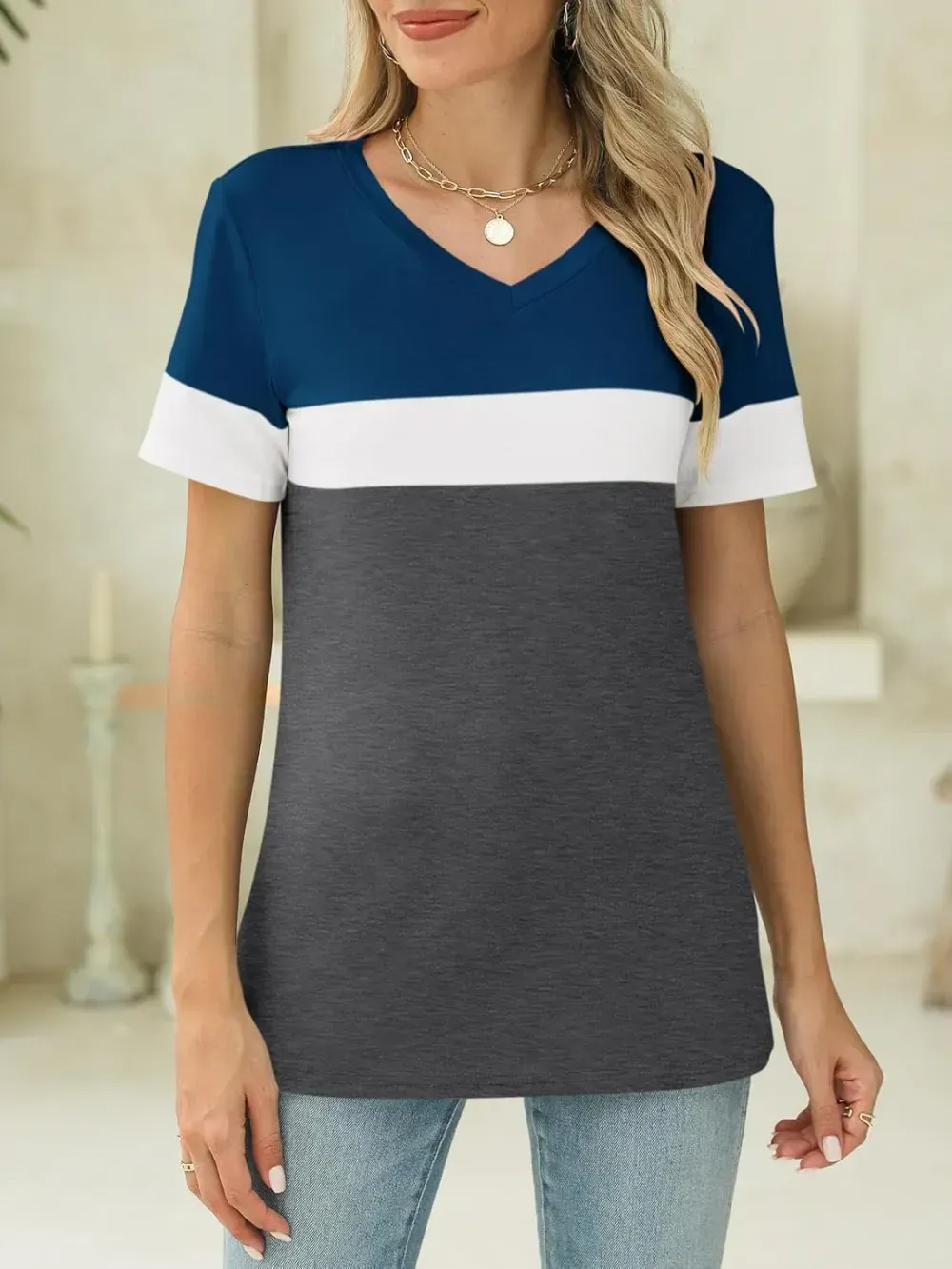 ORANDESIGNE Women's Color Block Short Sleeve T Shirts Casual V Neck Summer Tops Tees Loose Fit Blouses