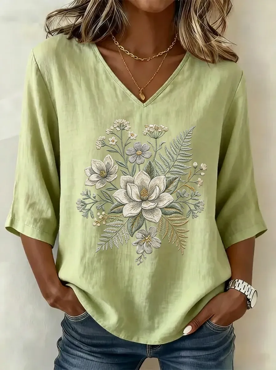 Women's Nashville Floral Magnolia Printed V-neck Top