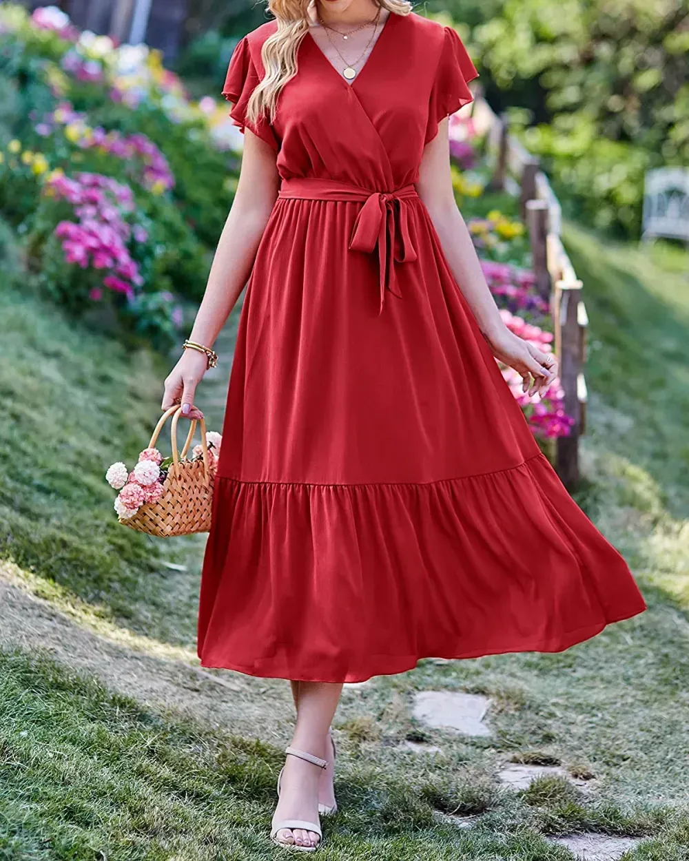 Women Summer Bohemian Floral Casual Wrap V Neck Ruffle Cap Sleeveless Belt A-Line Pleated Hem Swing Midi Sun Dress