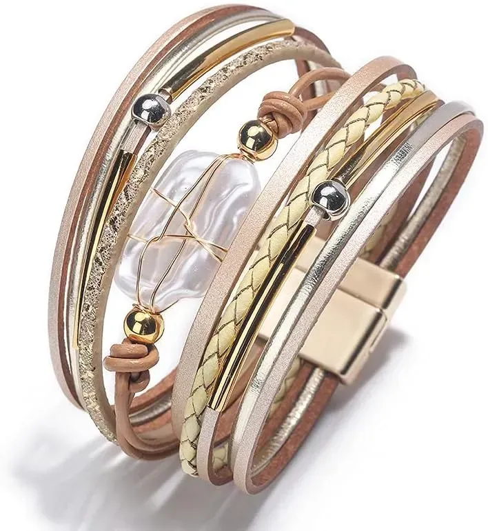 Fesciory Leather Wrap Bracelets for Women, Boho Leopard Multi-Layer Crystal Beads Cuff Bracelet Jewelry