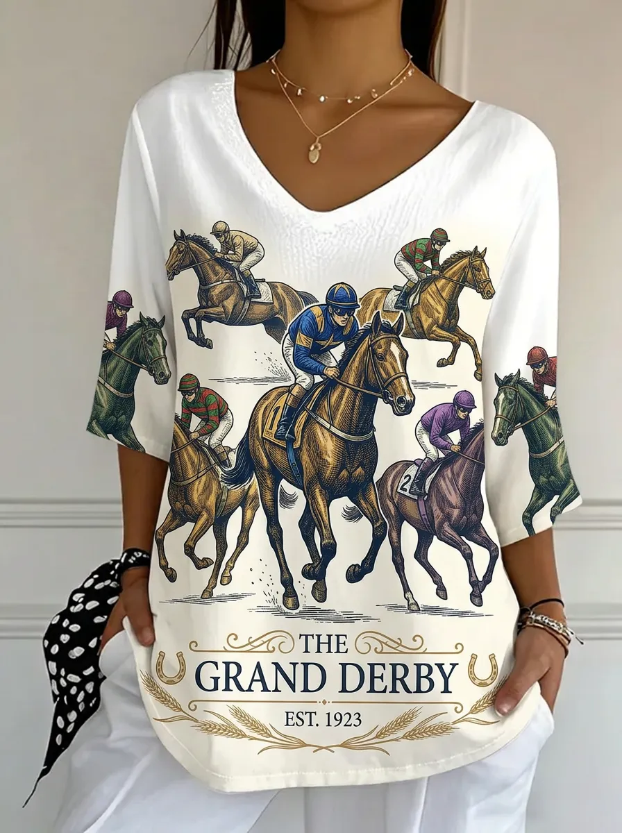 Women's Horse Racing Lover Grand Derby Printed V-neck top