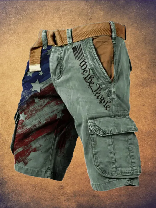 Men's Vintage Flag Independence Day We the People Print Cargo Shorts