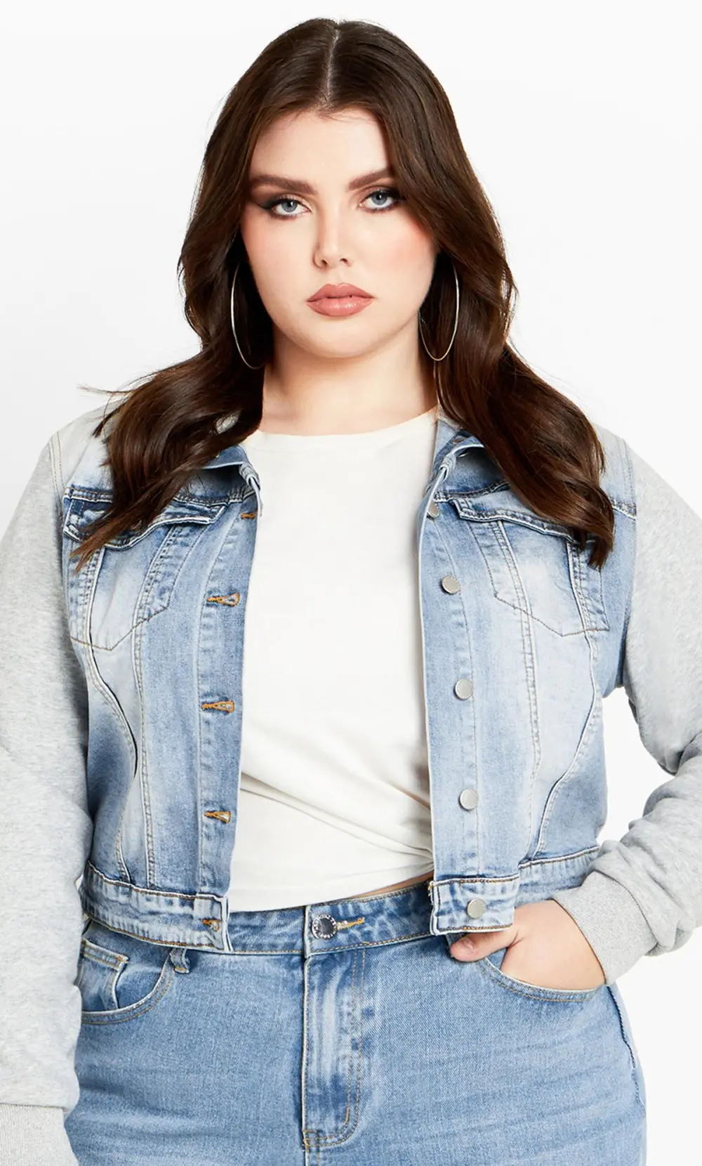 Evans Blue & Grey Cropped Denim Jacket