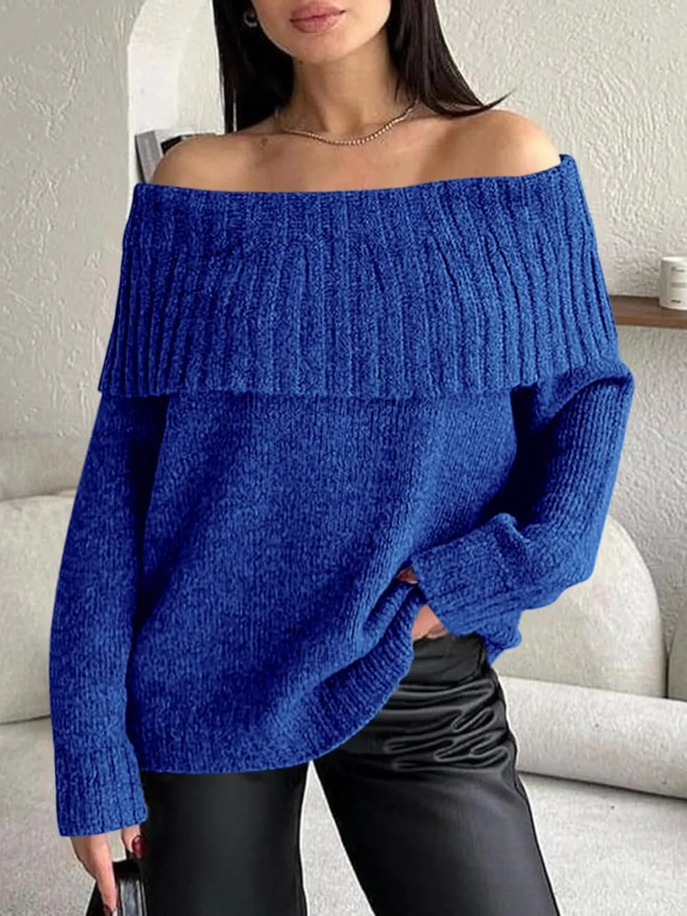 🎄Hot Sale Off The Shoulder Sweaters Long Sleeve Slouchy Knitted Casual Loose Fall Trendy Pullover Tops