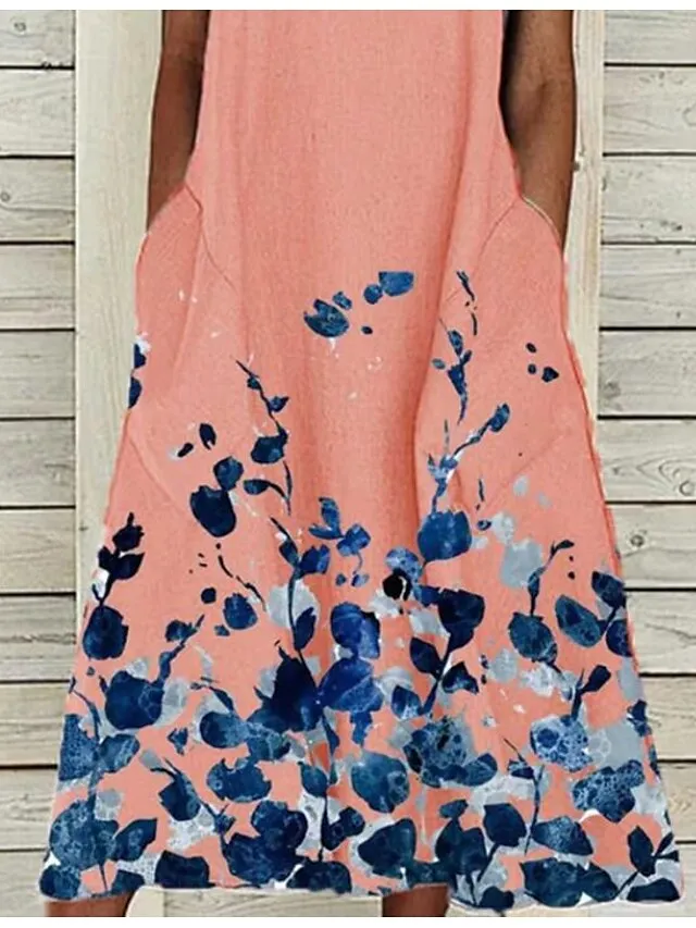 Women‘s Shift Dress Midi Dress Yellow Blushing Pink White Sleeveless Floral Print Summer Round Neck Hot Elegant Casual Loose 2023 S M L XL XXL 3XL 4XL