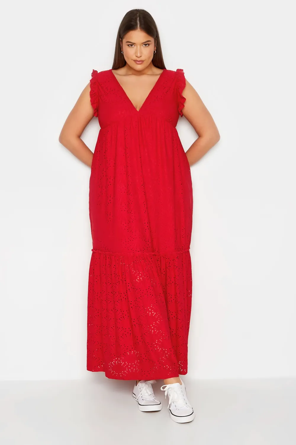 LTS Tall Red Broderie Anglaise Frill Maxi Dress