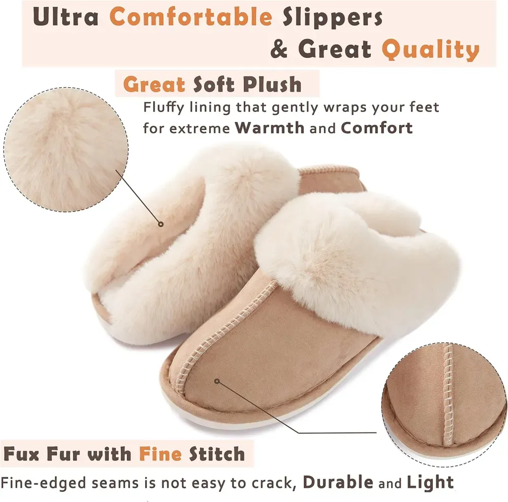 Womens Slipper with Memory Foam Fluffy Soft Warm Slip On House Slippers Anti-Skid Cozy Plush for Indoor Outdoor