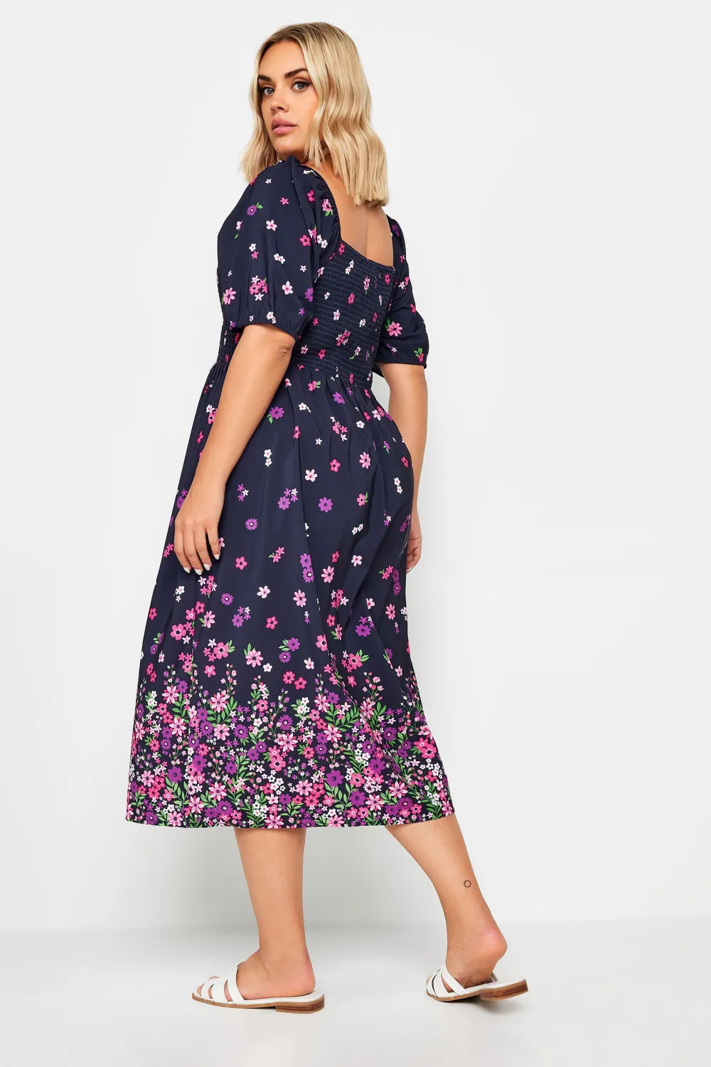 YOURS Curve Blue Floral Print Shirred Midaxi Dress